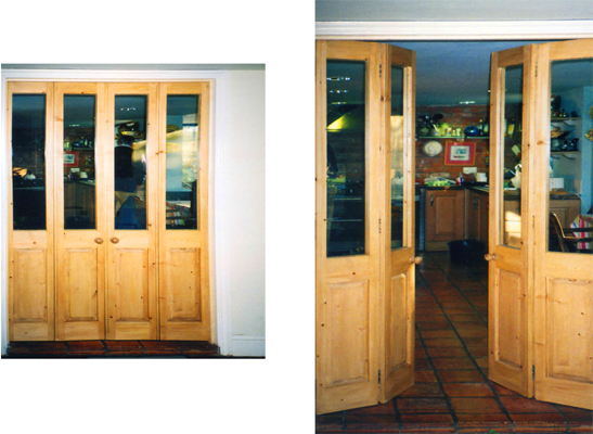 Pair of glazed, double-hinged internal doors made from pine